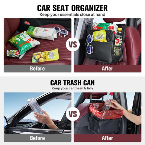 Comparison of car seat with and without Two Pack Backseat Car Organizer With Cup Holders, Waterproof PU Leather Universal Hanging Car Seat Back Organizer, Large Foldable Storage Bag For Kids And Adults, Four Compartments, Easy Access Travel Accessories, and a car trash can installed.