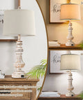 Vintage Vibe Table Lamps Set Of 2 With USB Ports And E26 Base, 28-inch resin lamps with linen shades and rotary switch.