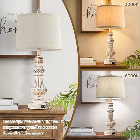 Vintage Vibe Table Lamps Set Of 2 With USB Ports And E26 Base, 28-inch resin lamps with linen shades and rotary switch.