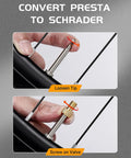 Close-up of Presta to Schrader valve conversion on Mini Bike Pump With Gauge Portable 150 PSI Electric Tire Inflator