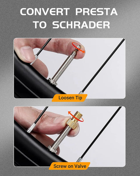 Close-up of Presta to Schrader valve conversion on Mini Bike Pump With Gauge Portable 150 PSI Electric Tire Inflator