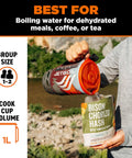 Person pouring hot water from Flash 1.0L Portable Fast Boil Stove For Camping And Backpacking into food pouch outdoors.