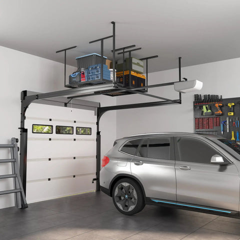 Heavy Duty Overhead Garage Storage Rack Free Up Floor Space With This Bad Boy Steel Ceiling Mount Perfect For Holding All Your Bulky Tools Bike Parts And Gear Without The Stress Or Sagging In Sleek Black Finish