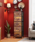 Fabric Dresser With Five Drawers And Wood Top, Sturdy Steel Frame, Tall Storage Chest For Bedroom Or Hallway, Rustic Brown Wood Grain