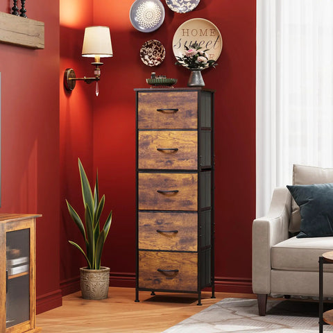 Fabric Dresser With Five Drawers And Wood Top, Sturdy Steel Frame, Tall Storage Chest For Bedroom Or Hallway, Rustic Brown Wood Grain