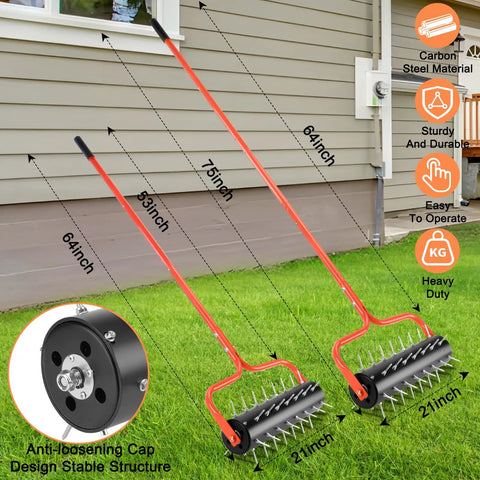 Two 21-Inch Rolling Lawn Aerators with 45 preassembled spikes, heavy-duty orange U-shape handle, shown on a lawn