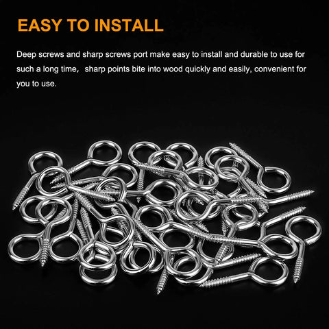 40 Pack 2 Inch Screw Eyes Nickel Plated Steel Self Tapping Eye Hooks Rust Resistant Metal Hardware displayed on a black surface.