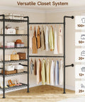 Industrial Pipe Wall Mounted Closet System With Retractable Rods And Heavy Duty Metal Mesh Shelves Hella Sturdy Vintage Black garment organizer with assorted clothing.