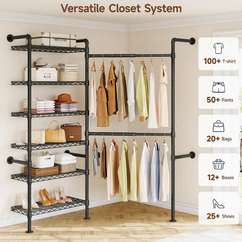 Industrial Pipe Wall Mounted Closet System With Retractable Rods And Heavy Duty Metal Mesh Shelves Hella Sturdy Vintage Black garment organizer with assorted clothing.