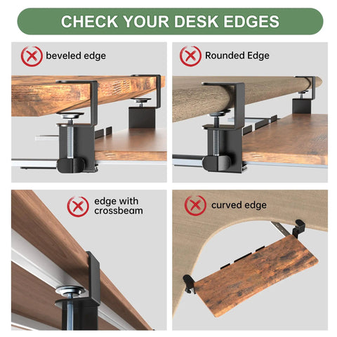 Desk edge compatibility for Extra Large Under Desk Keyboard Tray With Slide Out Design showing different mounting scenarios.