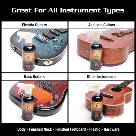 Guitar Detailer For Matte And Gloss Finishes 12oz That Cleans And Protects From Fingerprints Dust And Spots With UV Shield Easy Spray And Wipe Made In USA next to various guitars