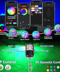 App interface and remote for Underwater Boat Drain Plug Light With App Control, RGBW 4 In 1 LED, IP68 Waterproof Bronze Marine Housing.