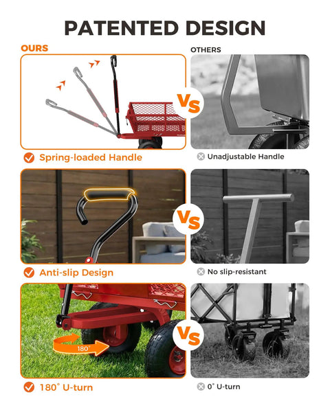 Patented design comparison of heavy duty steel garden cart on wheels with removable mesh sides, 880 lb capacity.