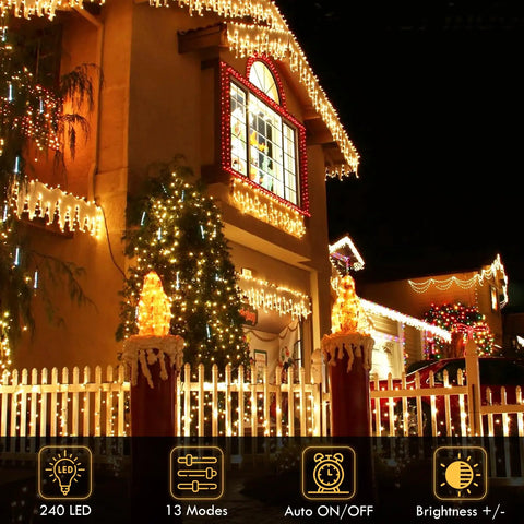 House decorated with 240 LED 88ft Connectable String Lights Indoor Outdoor Warm White Fairy Lights With Timer for holiday ambiance