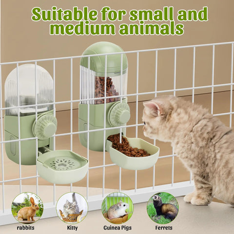 Game Changer Hanging Auto Feeder And Gravity Water Dispenser Combo For Bunnies And Ferrets with green feeder for small animals.