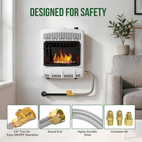 All In One Gas Appliance Hook Up Kit With Twenty Four Inch Flexible Stainless Steel Gas Line And One Half Inch Brass Shut Off Valve With Fittings For Tankless Water Heaters Dryers Stoves And Ranges Install, wall heater setup with brass valve and fittings