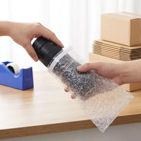 Person placing a camera lens into a Self Adhesive Bubble Cushioning Pouches Made From PE Material 100 Pack Pro Grade Reusable Protective Bags