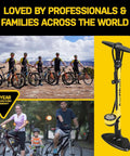 High Pressure Bike Floor Pump for Precision Inflation with ergonomic handle and TwinHead DX5 shown with cyclists