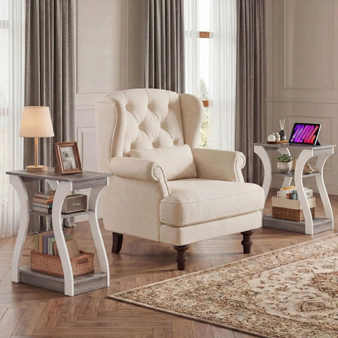 Two Piece End Table With Built In Charging Station For Your Couch And Bedside Modern Curved Nightstand Set Of Two Two AC Outlets USB Port Type C Port About Five Foot Power Cord Three Tier Open Storage, off-white with gray top