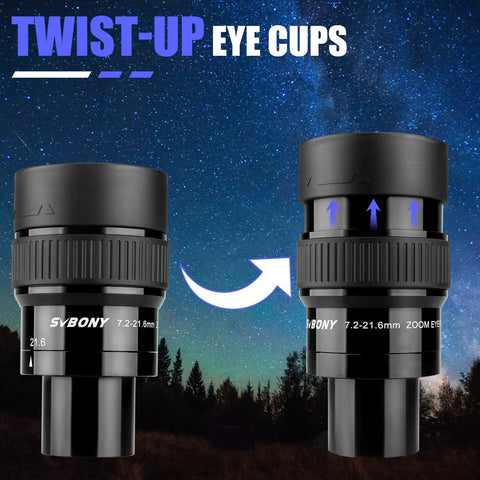 Dope Zoom Telescope Eyepiece 7.2-21.6mm 1.25 Inch FMC Optics with twist-up eyecups against night sky background
