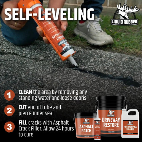 Top Shelf Liquid Rubber Self Leveling Asphalt Driveway Crack Filler Waterproof Sealant Professional Grade 10 Ounce 4 Pack applied to fill cracks.