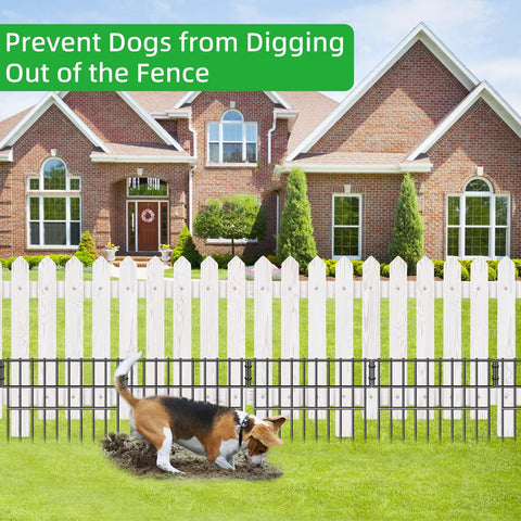 Dog Proof No Dig Fence For Yard And Garden, 28 Panels Spanning 39.5 Feet, 13 Inch High Rustproof Metal Barrier In Front of White Fence