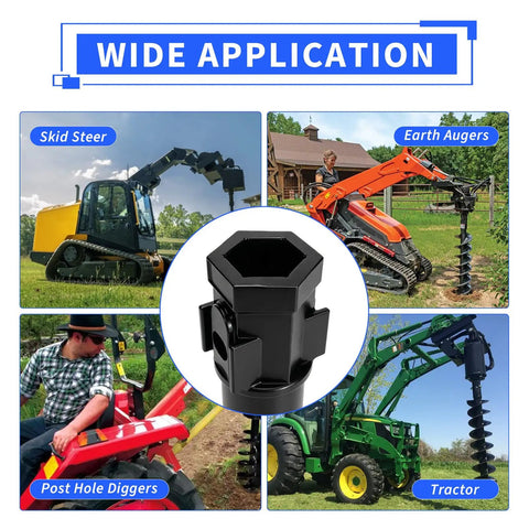 Heavy Duty Auger Adapter Coupler Converting Two Inch Female Hex To Two Nine Sixteenths Inch Male Round Shaft With Conversion Bolt Fits Skid Steer And Tractor shown with various machines.