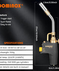 High Intensity Propane Torch Head With Trigger Start, Upgraded Anti Slip Handle, Precise Ignition, shown with specifications