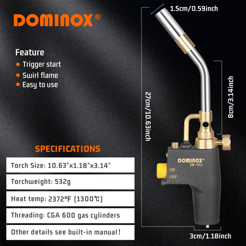 High Intensity Propane Torch Head With Trigger Start, Upgraded Anti Slip Handle, Precise Ignition, shown with specifications