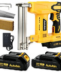 18 Gauge Cordless Brad Nailer 2 In 1 Electric Nail And Staple Gun Kit with two battery packs and accessories for DIY projects.