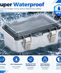Tough As Nails Ip67 Waterproof Electrical Enclosure With Clear Gray Cover in water with stainless steel latches for outdoor use.