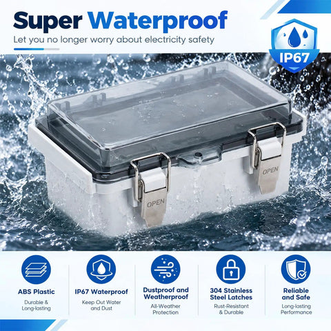 Tough As Nails Ip67 Waterproof Electrical Enclosure With Clear Gray Cover in water with stainless steel latches for outdoor use.
