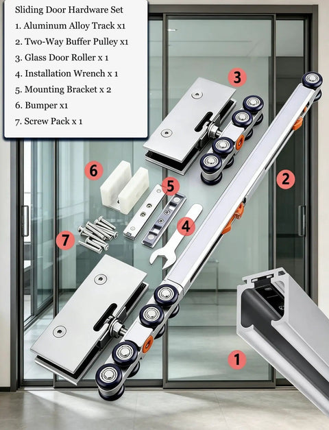 Sliding Door Track Hardware Set 9.6ft Hydraulic System, slick silver finish, rollers, soft close, and mounting hardware
