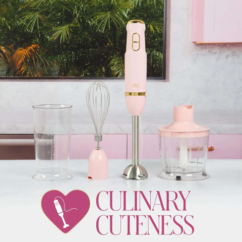 Chic Pink And Gold 3 In 1 Immersion Blender With Whisk And Chopping Bowl 400W High Speed Handheld Mixer on a countertop.