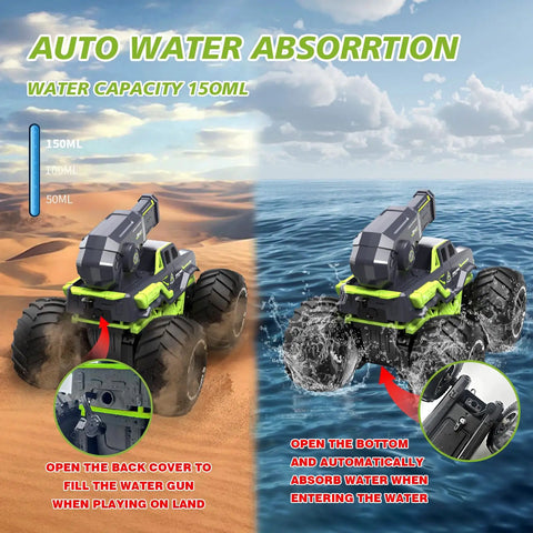 3-In-1 Amphibious RC Stunt Truck With Water Gun, switching from land to water mode with auto water absorption feature