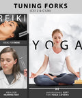 Image of various uses for tuning forks including reiki, yoga, and hearing tests, part of Must Have Premium 7 Piece Silver Diagnostic Kit.