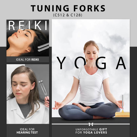 Image of various uses for tuning forks including reiki, yoga, and hearing tests, part of Must Have Premium 7 Piece Silver Diagnostic Kit.