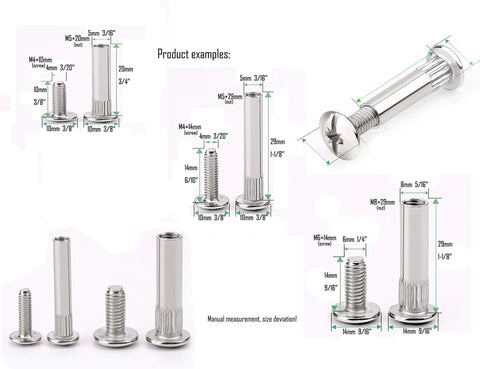 Workhorse Grade Chicago Screws And Rivet Socket Binders For Furniture Projects Nickel Plated Carbon Steel size examples and measurements.