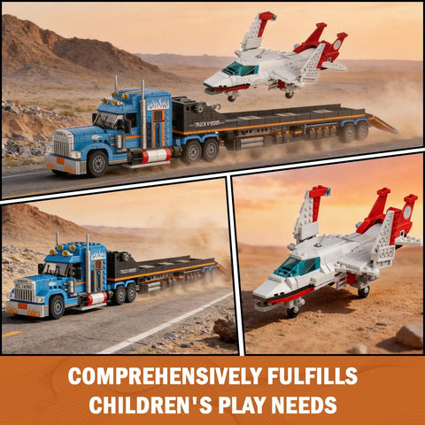 Flatbed Truck Building Set With Airplane 1468 Piece American Semi Truck Trailer STEM Toy Collectible Aircraft Vehicle Model Kit displayed outdoors