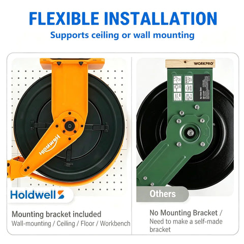 Heavy Duty Retractable Air Hose Reel With A Tough As Nails 50 Ft Epdm Rubber Hose No Sweat Auto Rewind Length Lock wall and ceiling mount options.