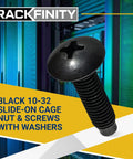 Close-up of Black 10 32 Slide On Cage Nuts And Screws With Protective Plastic Washers, showcasing a screw with a black oxide finish.