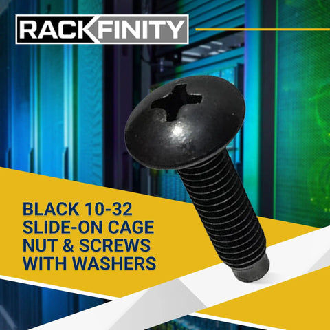 Close-up of Black 10 32 Slide On Cage Nuts And Screws With Protective Plastic Washers, showcasing a screw with a black oxide finish.