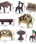 Ten Piece Fairy Garden Furniture Set Resin Miniatures With Hand Painted Tables Chairs And Benches For Village Homes Micro Landscape Decoration DIY Craft Gifts, various pieces shown with dimensions.