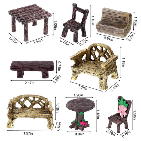 Ten Piece Fairy Garden Furniture Set Resin Miniatures With Hand Painted Tables Chairs And Benches For Village Homes Micro Landscape Decoration DIY Craft Gifts, various pieces shown with dimensions.