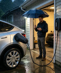Magnetic EV Port Protector Hella Waterproof Plug Cover With Strong Grip Magnet sealing out rain on an electric vehicle.