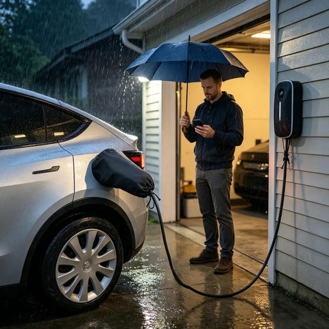 Magnetic EV Port Protector Hella Waterproof Plug Cover With Strong Grip Magnet sealing out rain on an electric vehicle.