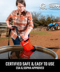 Heavy Duty One Half Horsepower Submersible Water Utility Transfer Pump With 25 Foot Lay Flat Hose used by a woman in a yard.