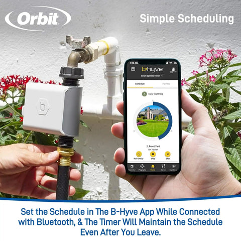 Smart Hose Watering Timer With Auto Scheduling For Gardens Delivers Precise Timed Watering So You Can Relax While Your Plants Thrive No Fuss Hose Timer For Effortless Irrigation And Reliable Auto Watering attached to garden hose, hand holding smartphone with app.