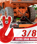 Close-up of red 3/8 in clevis grab hook, forged alloy steel, 4-pack.