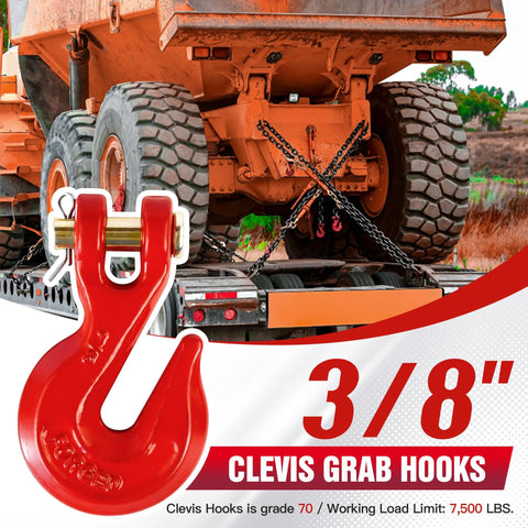 Close-up of red 3/8 in clevis grab hook, forged alloy steel, 4-pack.